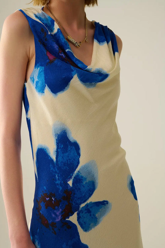 Flowy sleeveless Blue maxi dress with floral print - Dresses