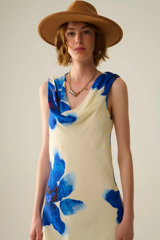 Flowy sleeveless Blue maxi dress with floral print - Dresses