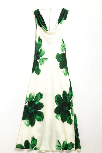 Flowy sleeveless Green maxi dress with floral print - Dresses