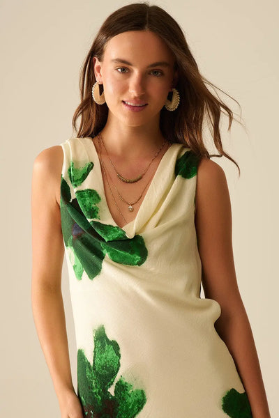 Flowy sleeveless Green maxi dress with floral print - Dresses