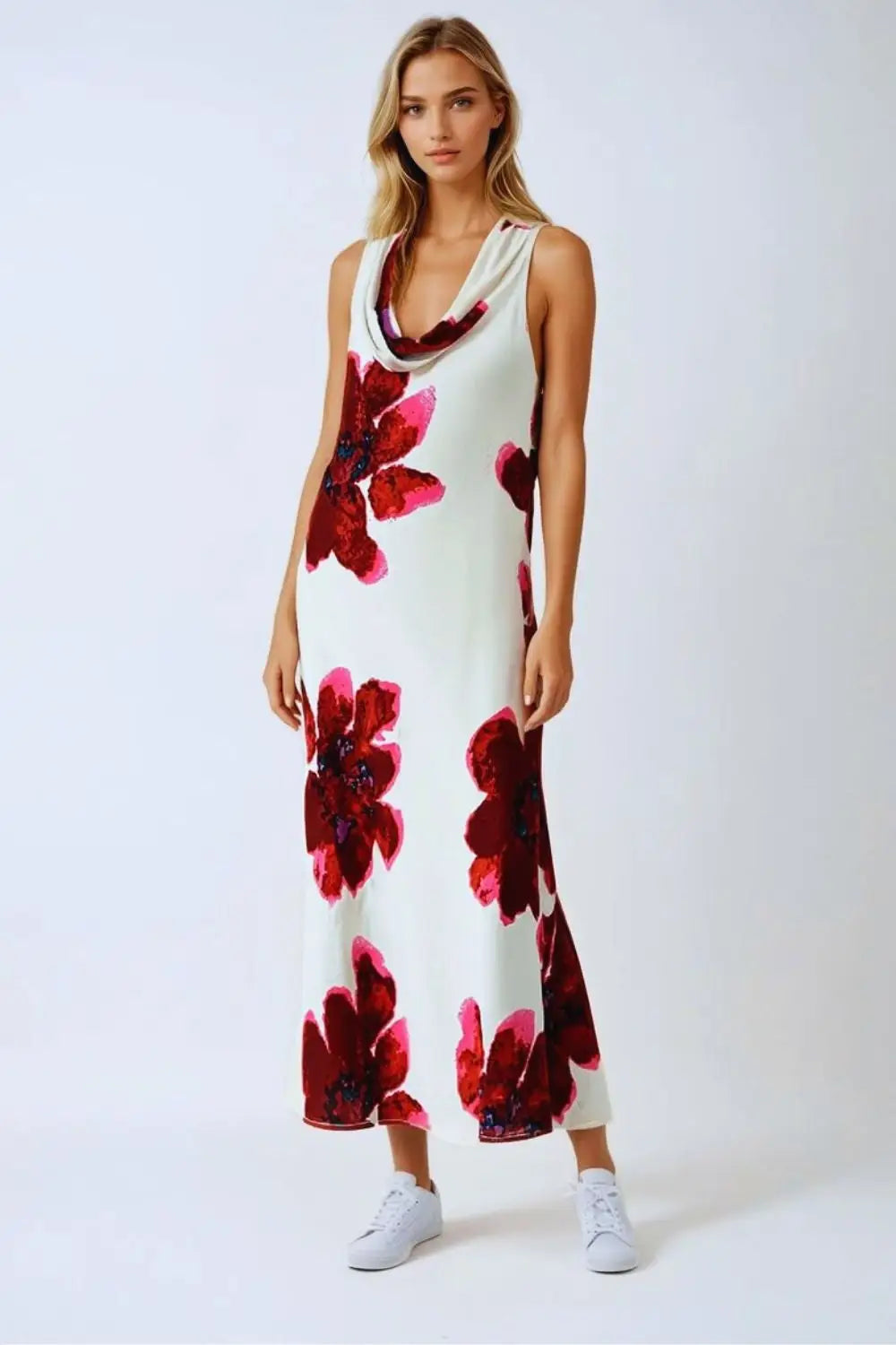 Flowy sleeveless Red maxi dress with floral print - Dresses