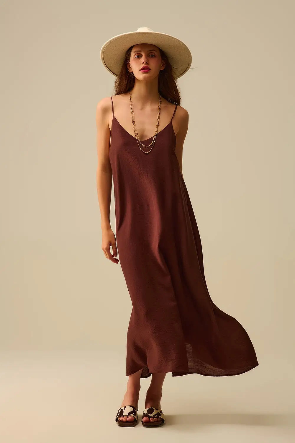 Flowy Spaghetti Strap Maxi Brown Dress - Dresses