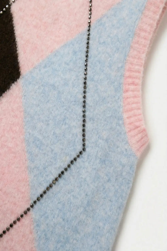 Fluffy Argyle Knit Vest with Metallic Stud Detail in pink - One Size / Pink - Sweaters