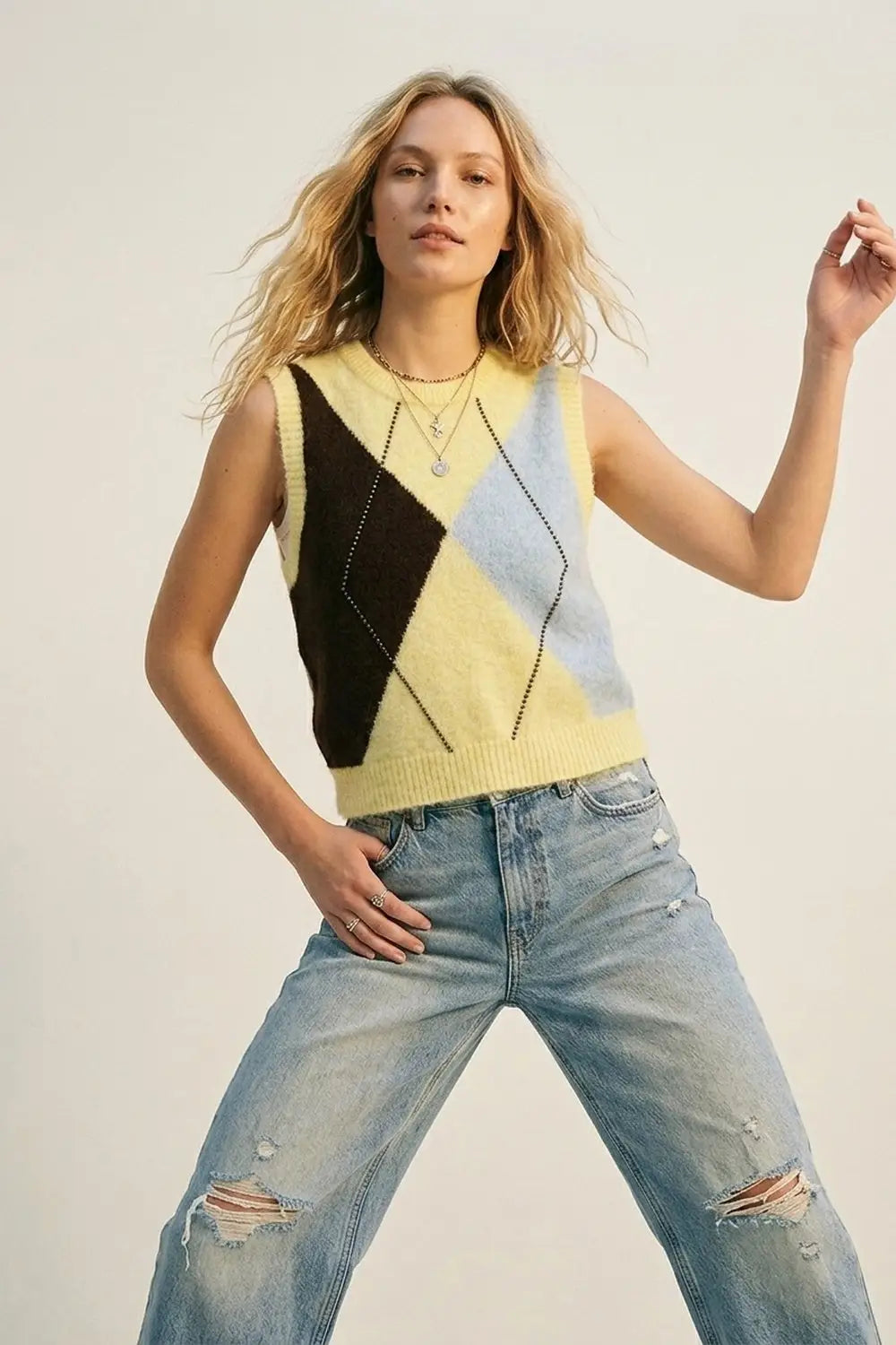 Q2 Fluffy Argyle Knit Vest with Metallic Stud Detail in yellow