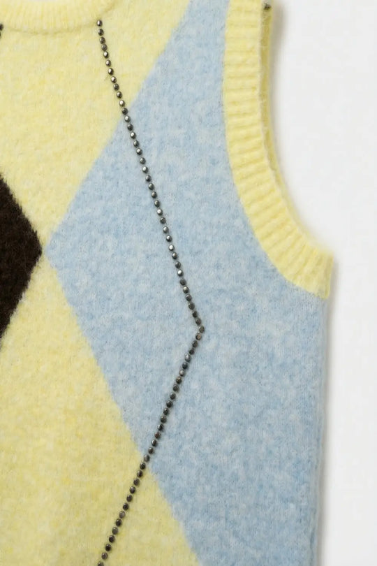 Fluffy Argyle Knit Vest with Metallic Stud Detail in yellow - One Size / Yellow - Sweaters