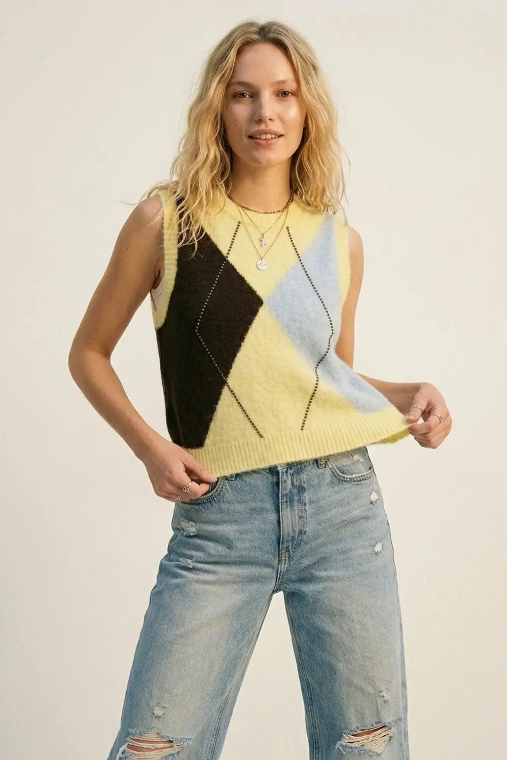 Fluffy Argyle Knit Vest with Metallic Stud Detail in yellow - One Size / Yellow - Sweaters