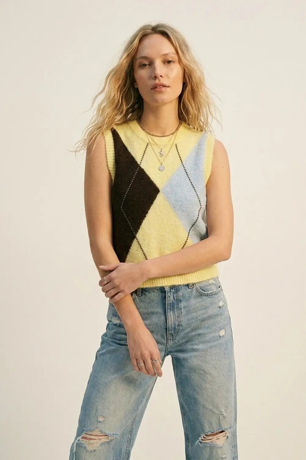 Fluffy Argyle Knit Vest with Metallic Stud Detail in yellow - One Size / Yellow - Sweaters
