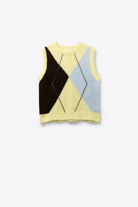 Fluffy Argyle Knit Vest with Metallic Stud Detail in yellow - One Size / Yellow - Sweaters