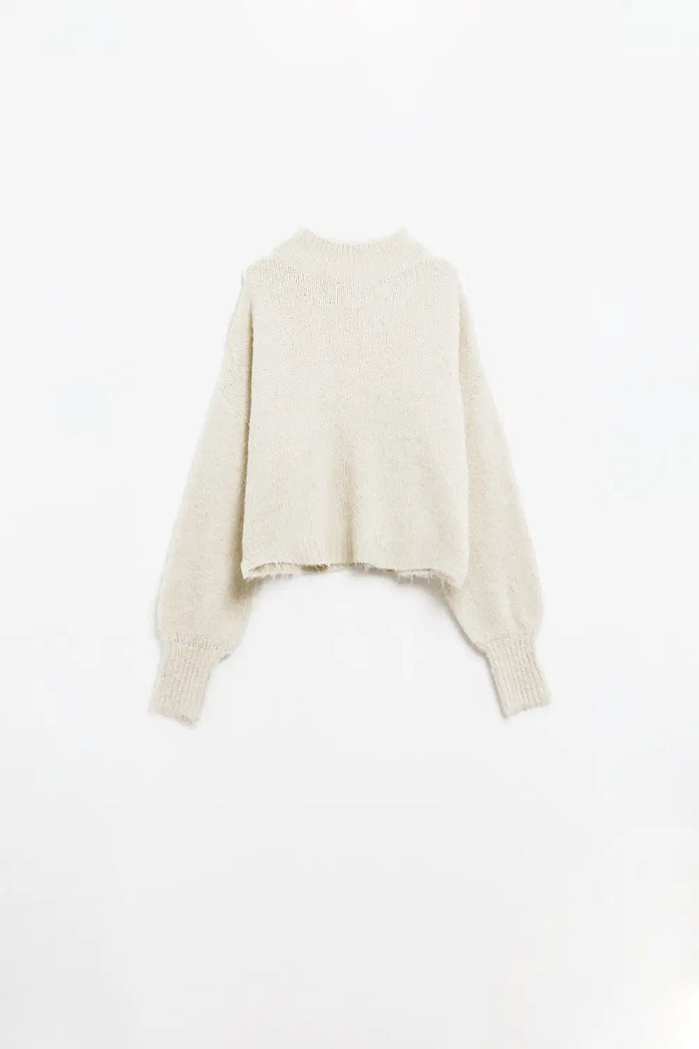 Fluffy beige sweater with high neck and balloon sleeves - Sweaters
