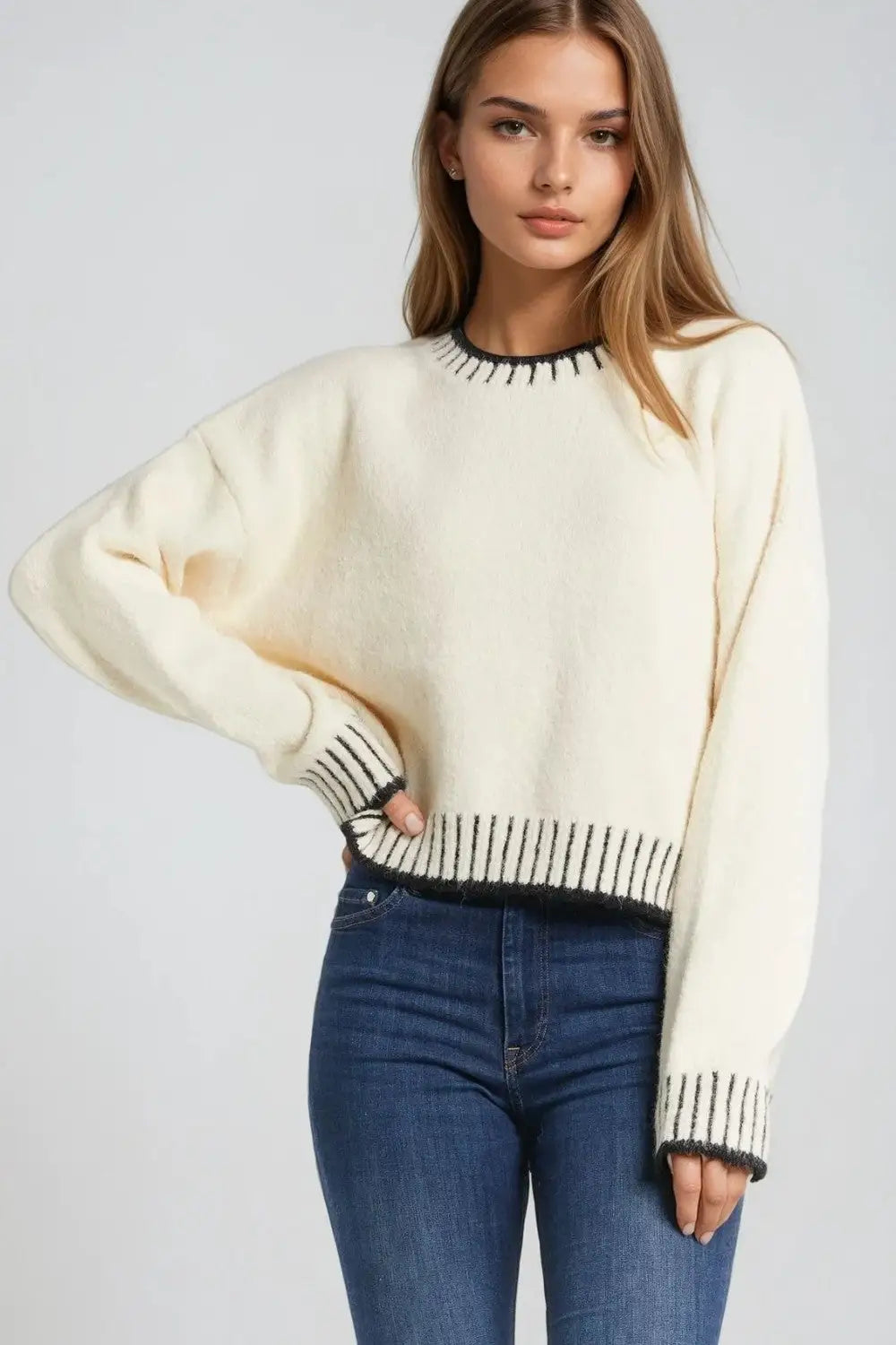 Fluffy cream sweater with ribbed detail at neck and hem - One Size / White - Sweaters