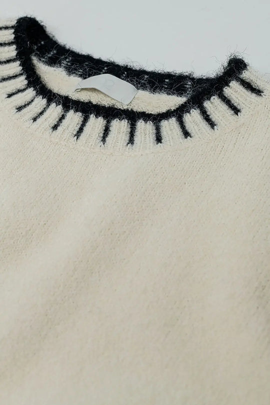 Fluffy cream sweater with ribbed detail at neck and hem - One Size / White - Sweaters