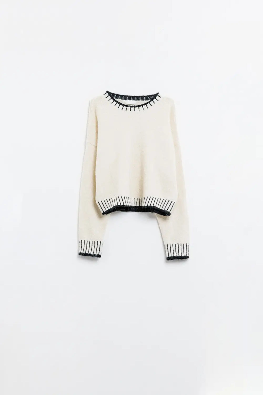 Fluffy cream sweater with ribbed detail at neck and hem - One Size / White - Sweaters