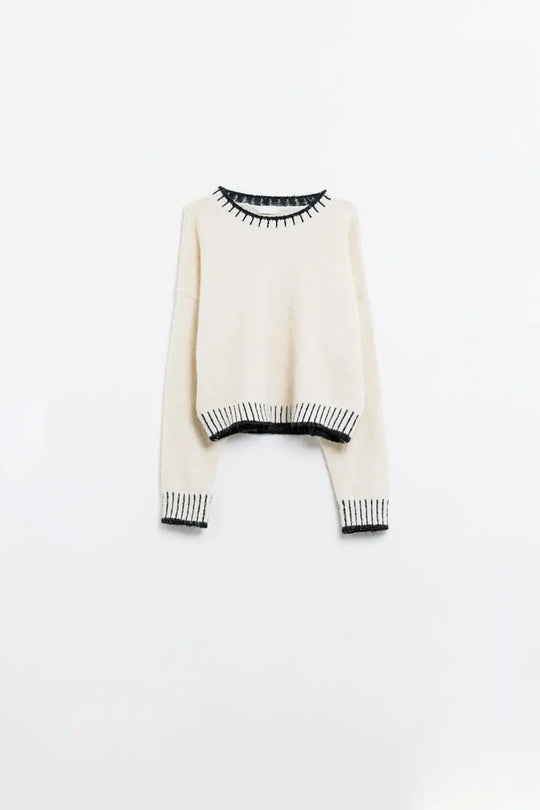 Fluffy cream sweater with ribbed detail at neck and hem - One Size / White - Sweaters