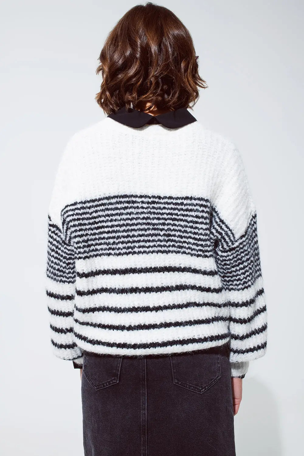 Fluffy Crew Neck Sweater With thin Black Stripes in White - One Size / White - Sweaters