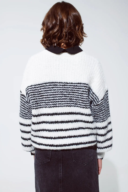 Fluffy Crew Neck Sweater With thin Black Stripes in White - One Size / White - Sweaters