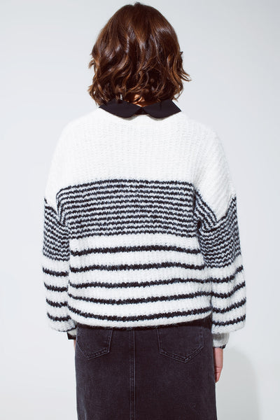 Fluffy  Crew Neck Sweater With thin Black Stripes in White