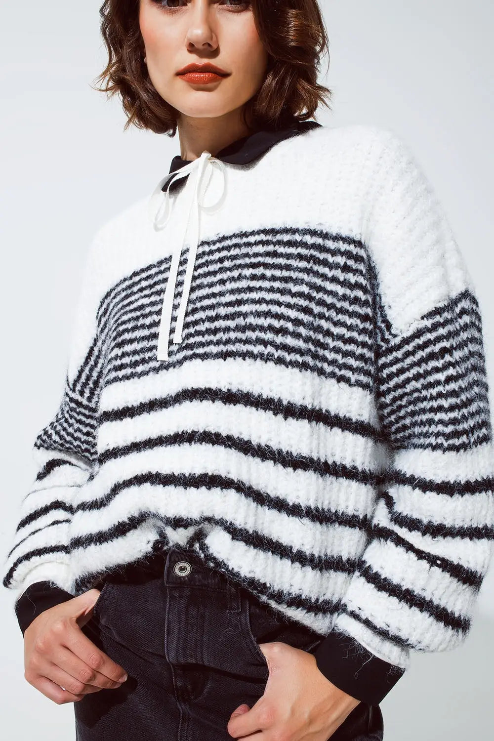Fluffy Crew Neck Sweater With thin Black Stripes in White - One Size / White - Sweaters