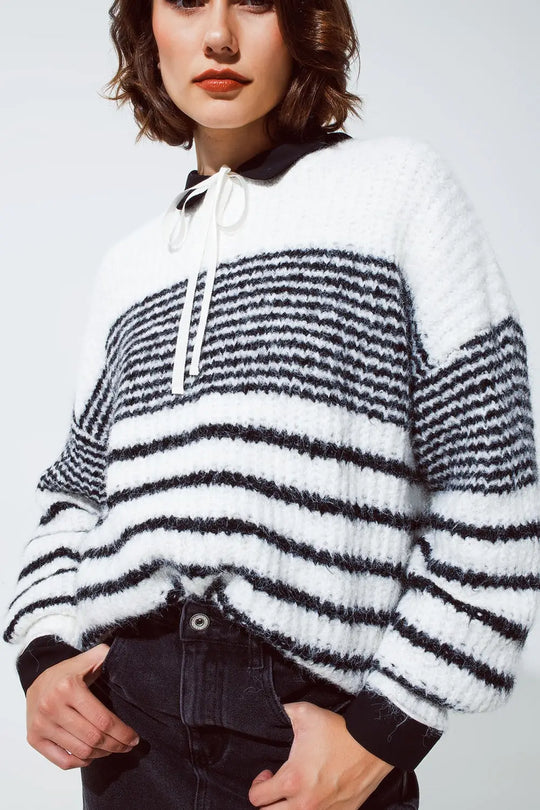 Fluffy Crew Neck Sweater With thin Black Stripes in White - One Size / White - Sweaters