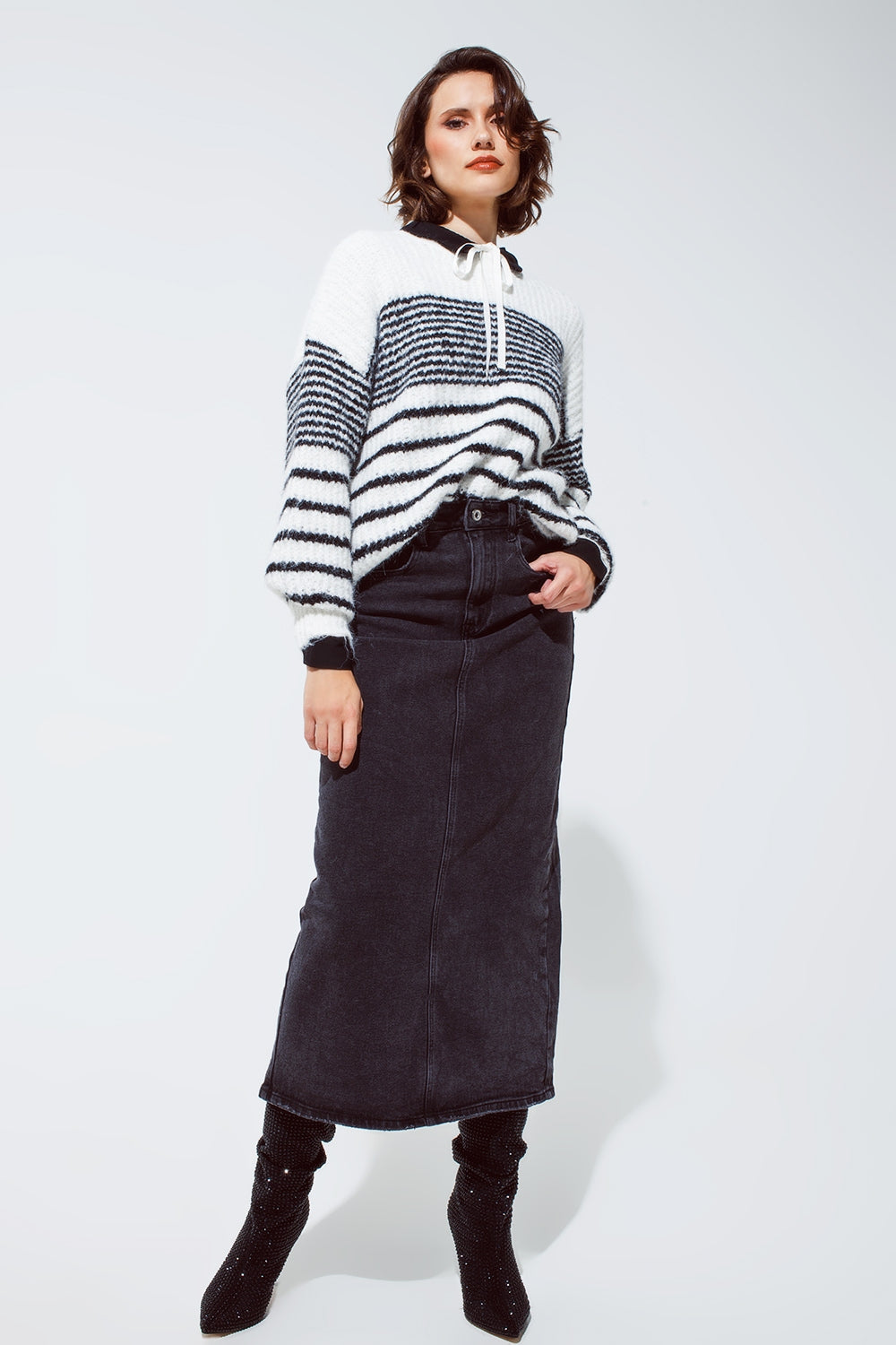 Fluffy  Crew Neck Sweater With thin Black Stripes in White