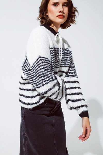 Fluffy  Crew Neck Sweater With thin Black Stripes in White