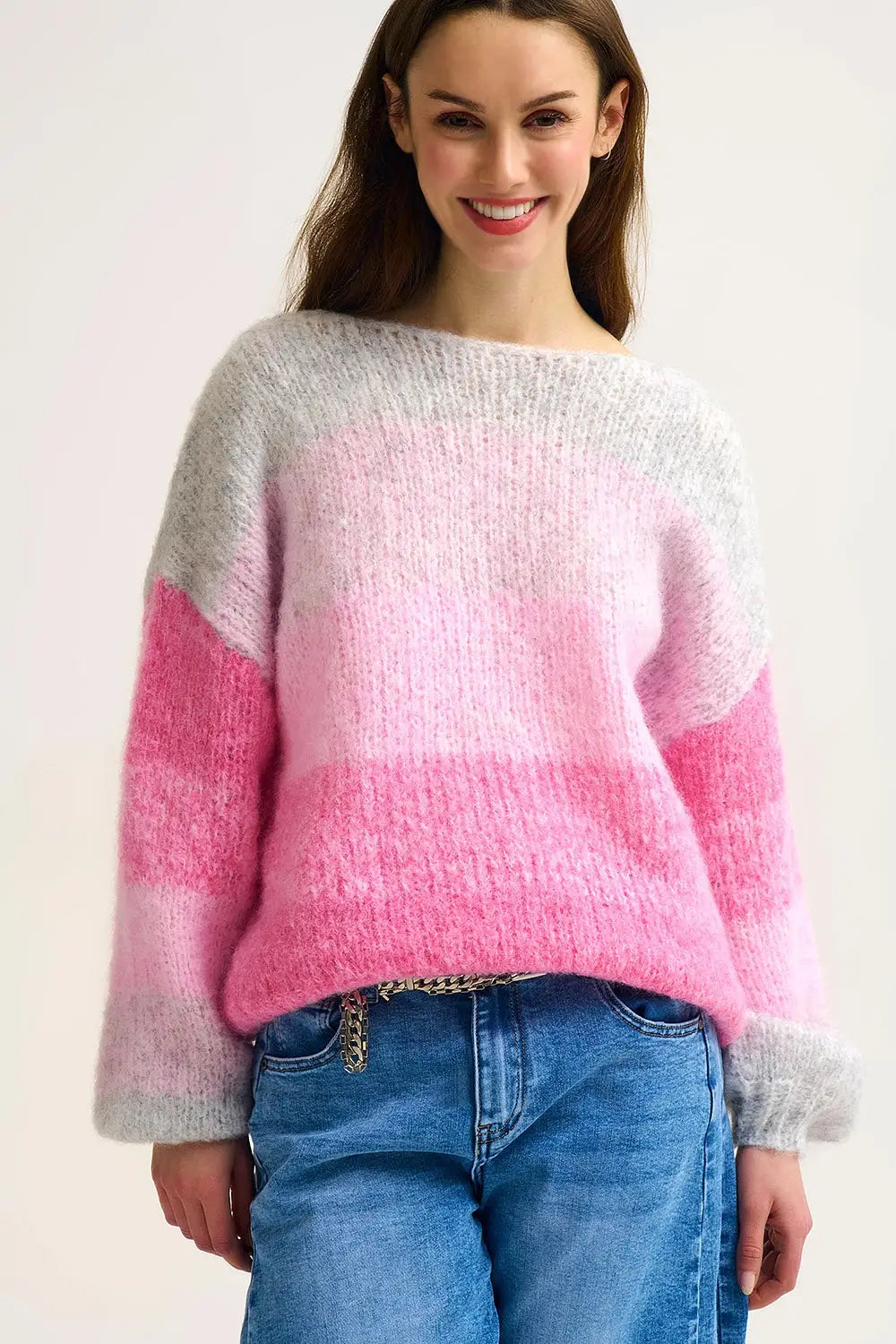 Fluffy Gradient Knit Sweater with Soft pink Color Transitions - One Size / Pink - Sweaters