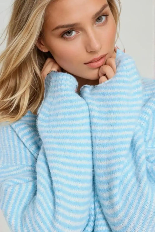 Fluffy striped sweater in baby blue - One Size / Blue - Sweaters