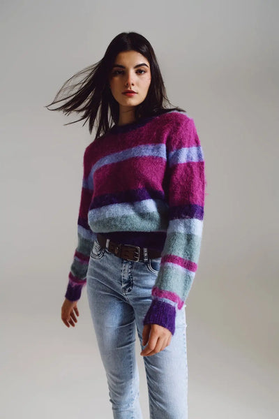 Fluffy Stripy Sweater in Shades of Purple Blue and White - One Size / Purple - Sweaters