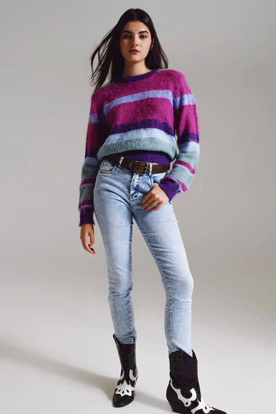 Fluffy Stripy Sweater in Shades of Purple Blue and White - One Size / Purple - Sweaters