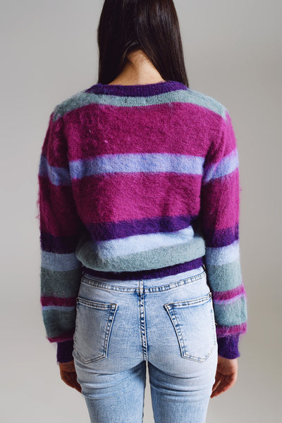 Fluffy Stripy Sweater in Shades of Purple Blue and White