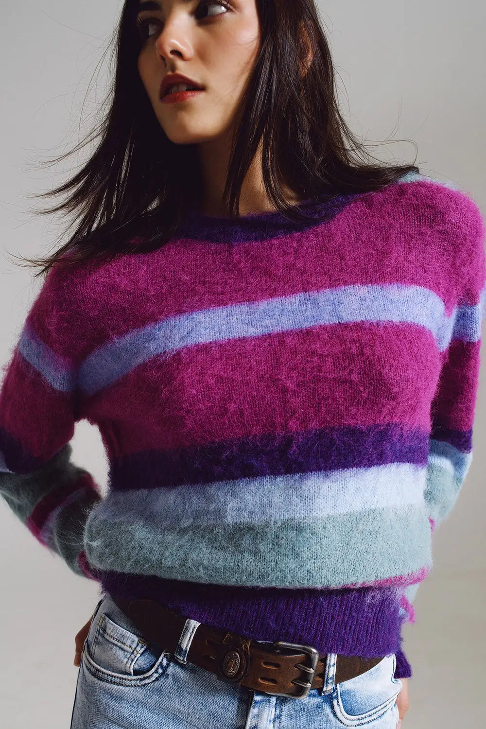 Fluffy Stripy Sweater in Shades of Purple Blue and White - One Size / Purple - Sweaters