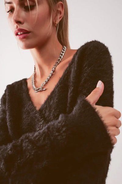 Fluffy v neck knit jumper in black - Sweaters