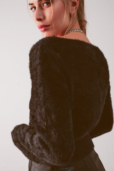 Fluffy v neck knit jumper in black