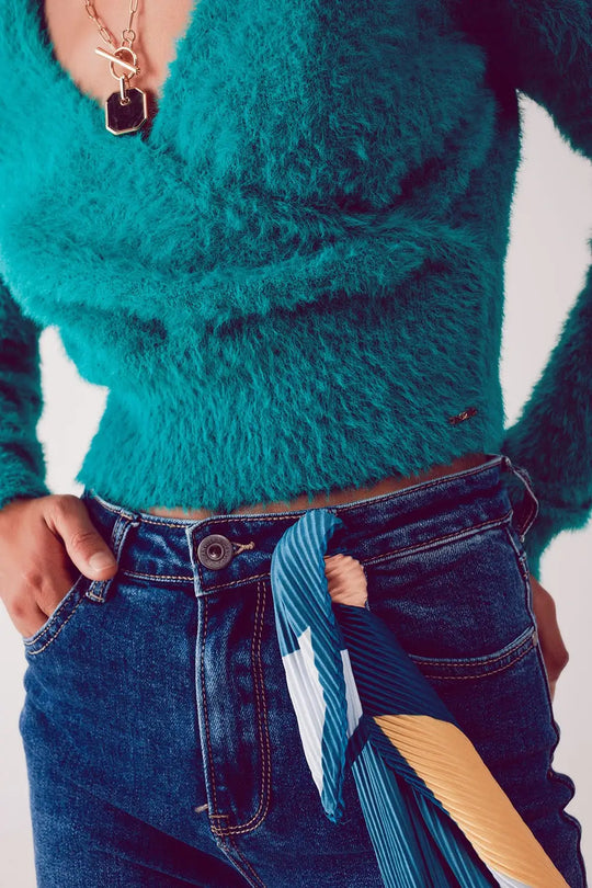 Fluffy v neck knit jumper in green - Sweaters