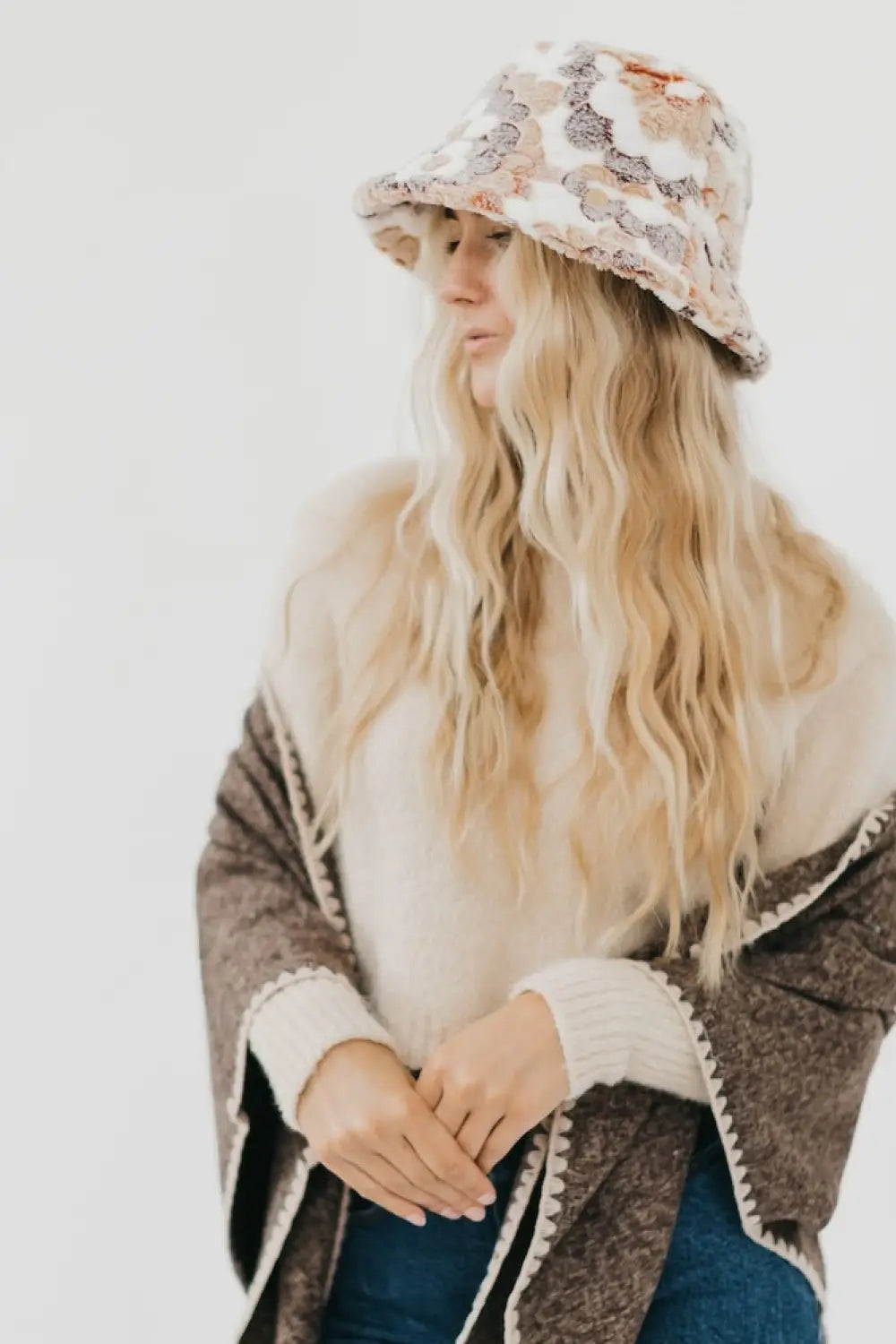 Forget Me Not Flower Fur Bucket Hat - Tan - Bucket Hat