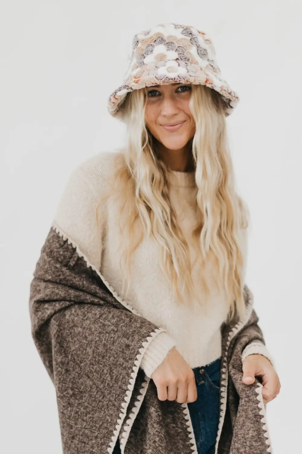 Forget Me Not Flower Fur Bucket Hat - Tan - Bucket Hat