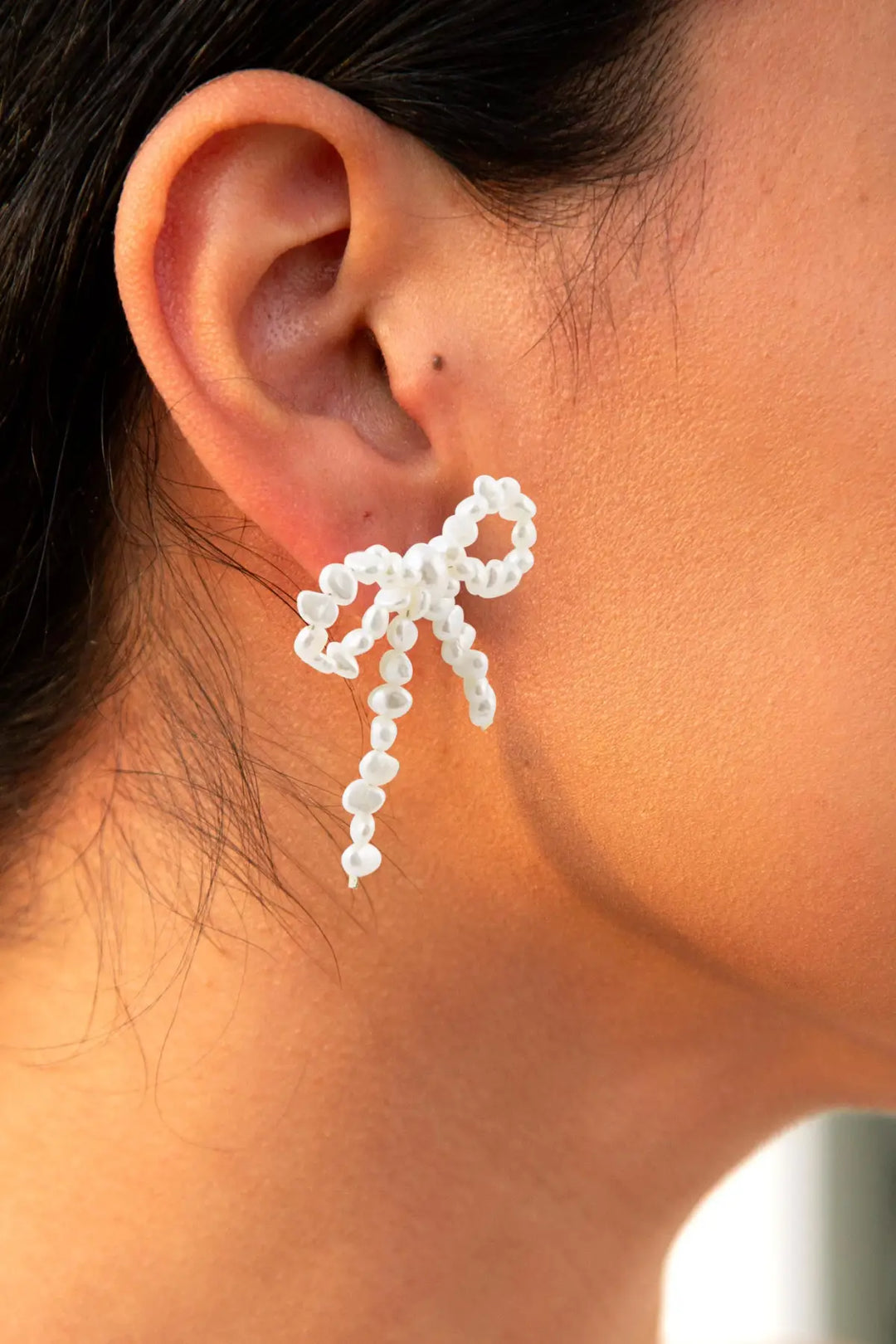 Freshwater White Pearl Bow Post Earrings - Earrings