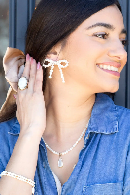 Freshwater White Pearl Bow Post Earrings - Earrings