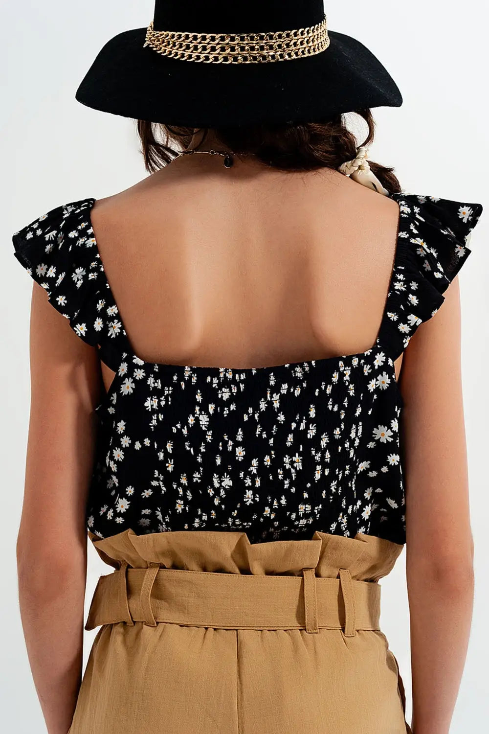 Frill strap cami top in black ditsy floral print - Tops