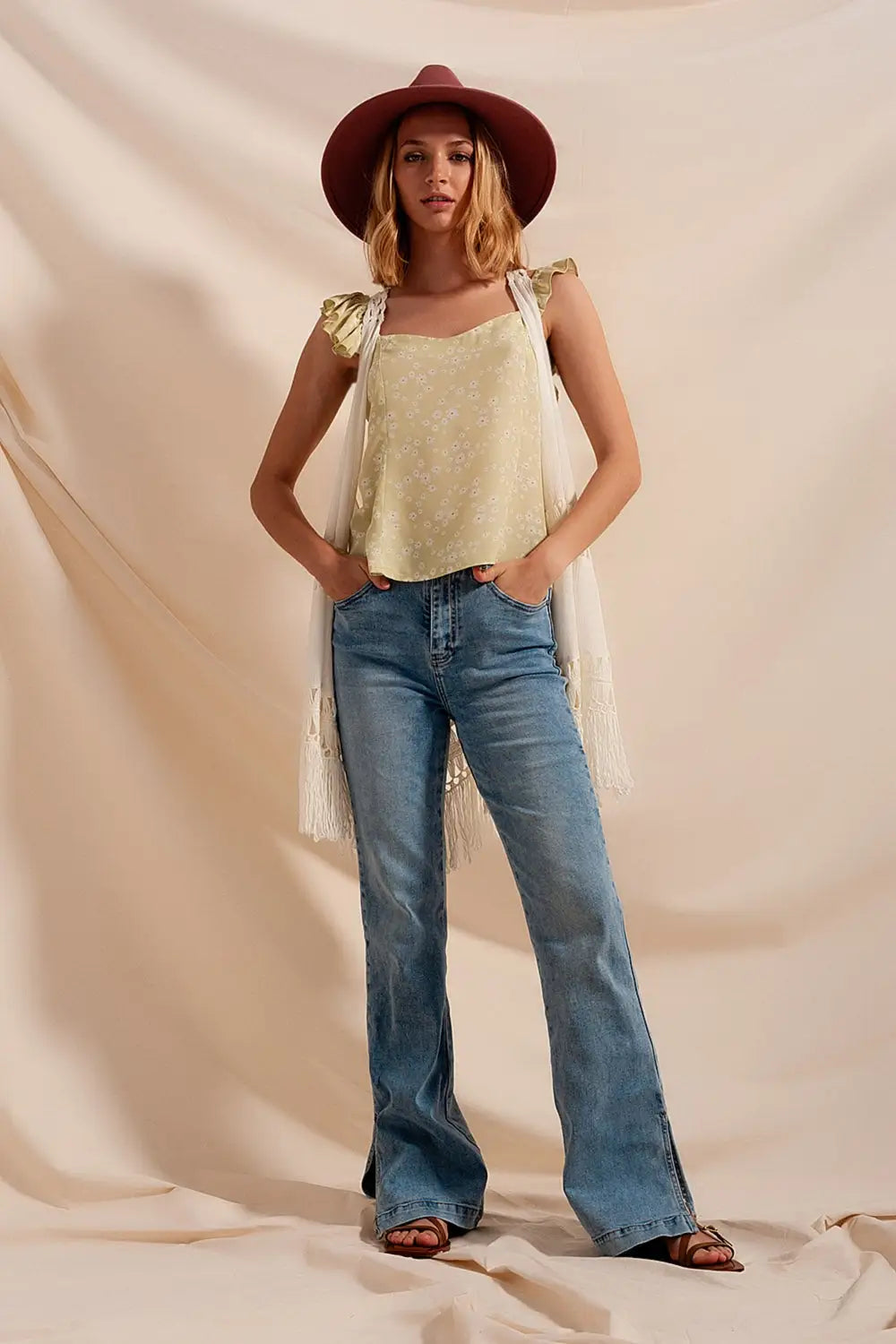 Frill strap cami top in green ditsy floral print - Tops