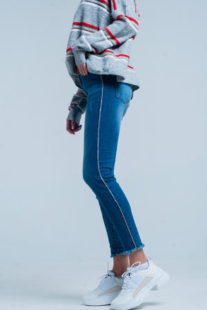 Q2 Fringed Skinny Jeans with Strass Side Stripe