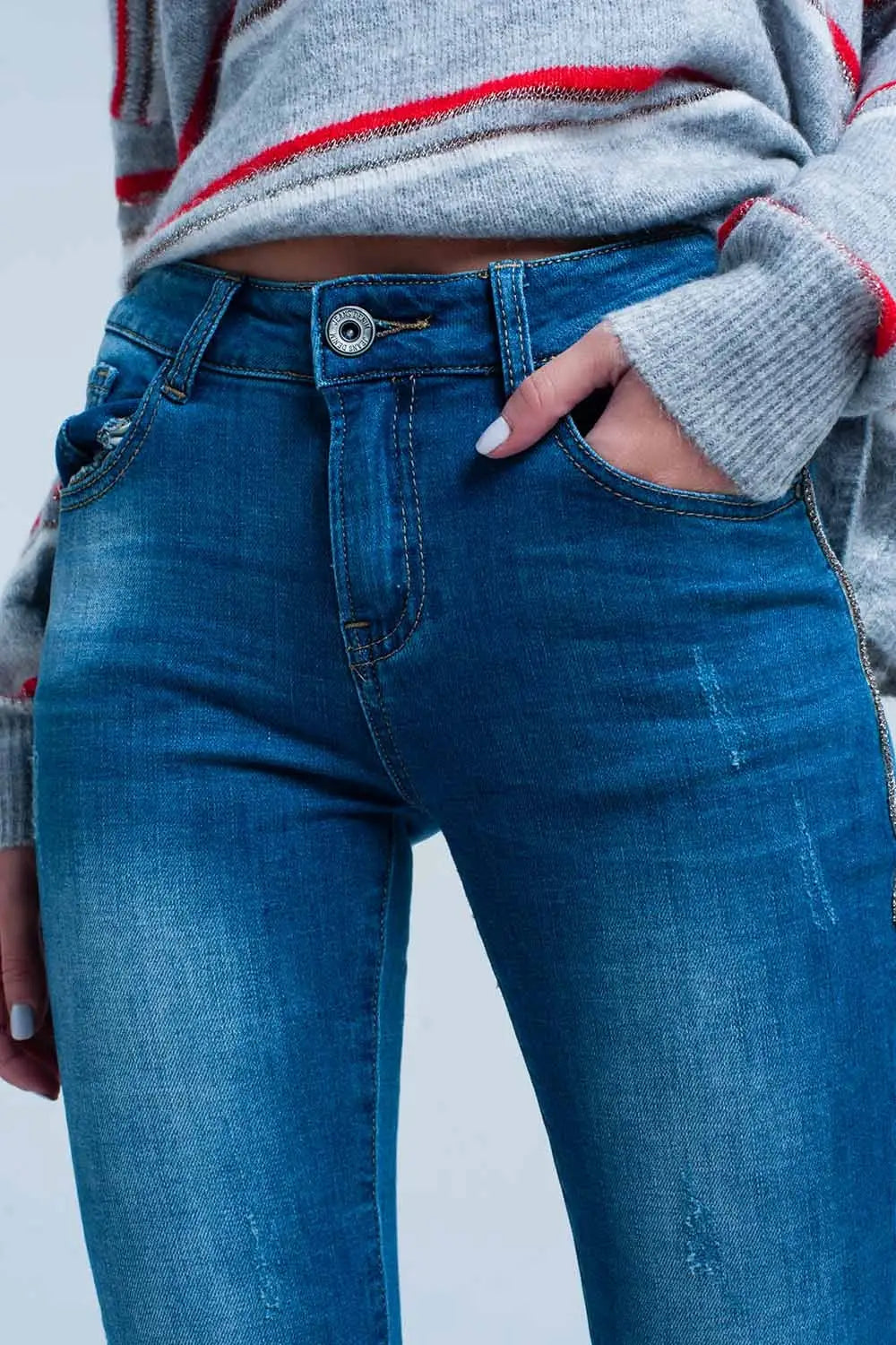 Fringed Skinny Jeans with Strass Side Stripe - Jeans