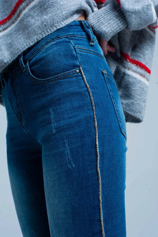 Fringed Skinny Jeans with Strass Side Stripe - Jeans