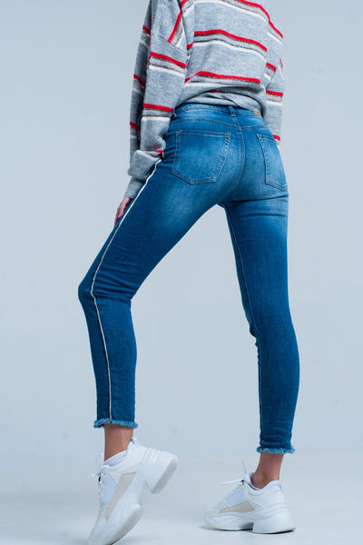 Fringed Skinny Jeans with Strass Side Stripe