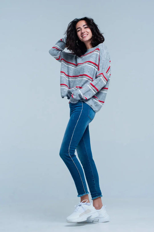 Fringed Skinny Jeans with Strass Side Stripe - Jeans