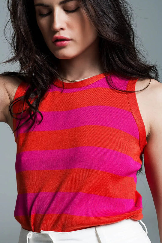 Fuchsia and Orange striped knitted tank top - One Size / Fuchsia - Sweaters