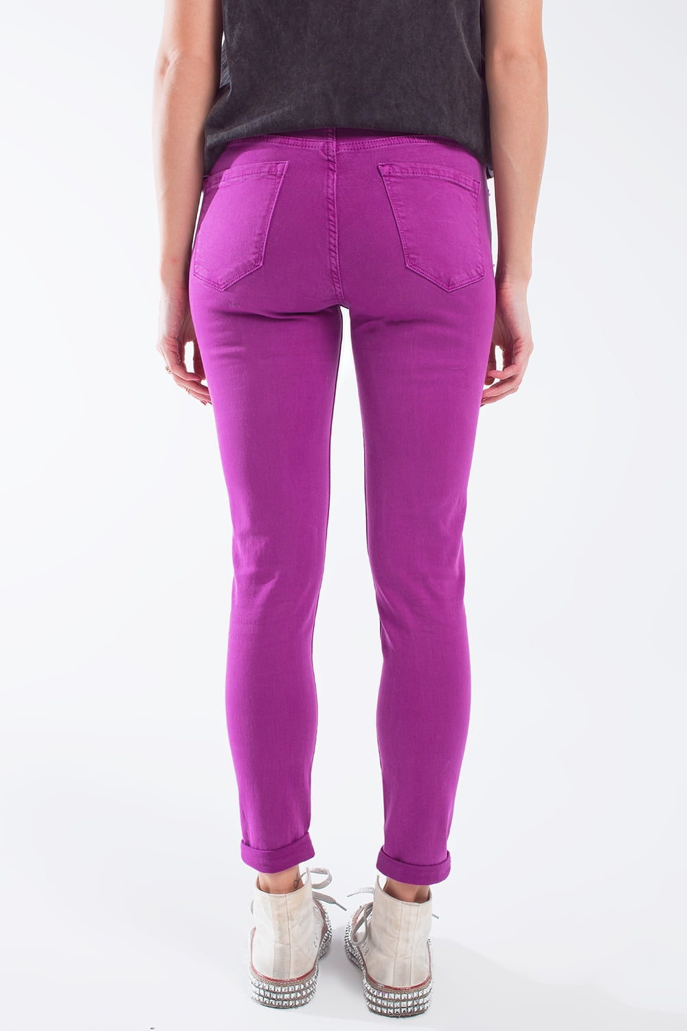 Fuchsia ankle super skinny jeans with soft wrinkles