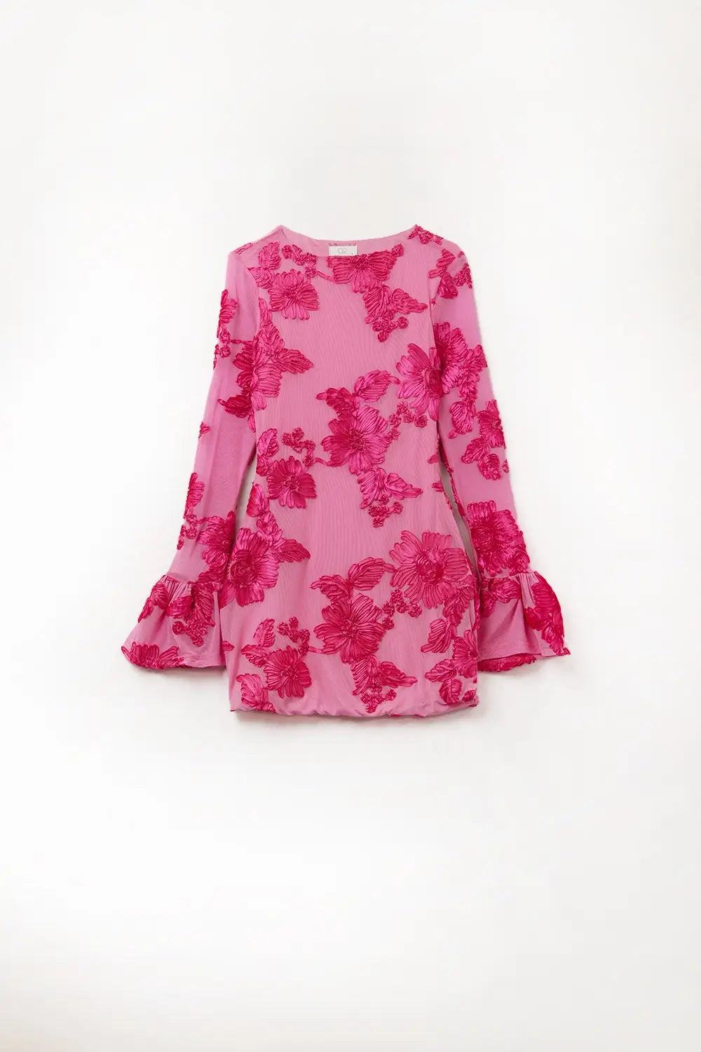 Q2 fuchsia chiffon mini dress with floral brocade