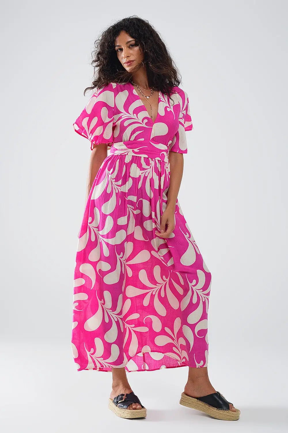 Fuchsia Floral Print Maxi Dress With Open Back - Dresses