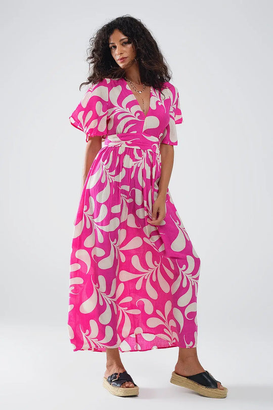 Fuchsia Floral Print Maxi Dress With Open Back - Dresses