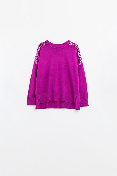 fuchsia Long Sleeves Sweater With Sequins on The Shoulders